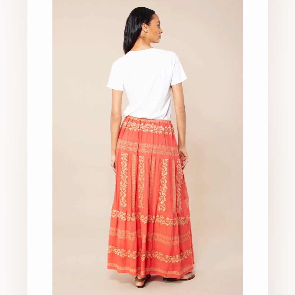 Hale Bob Regan Maxi Skirt Embroidered Rayon Crinkle Gauze Sz. Small Coral & Gold - Picture 2 of 14